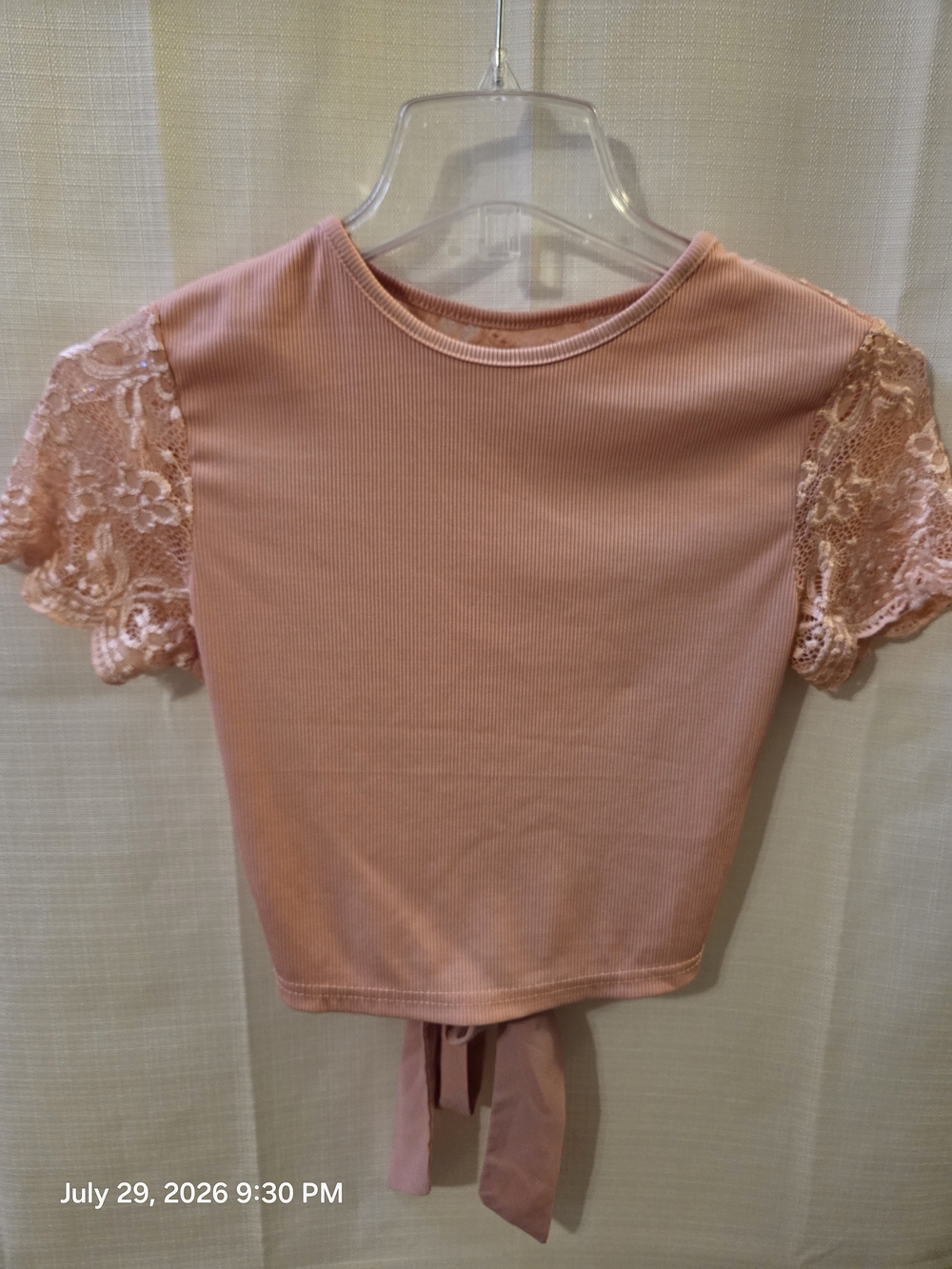SHEIN Blush Pink Lace Sleeve Tie-Back Crop Top